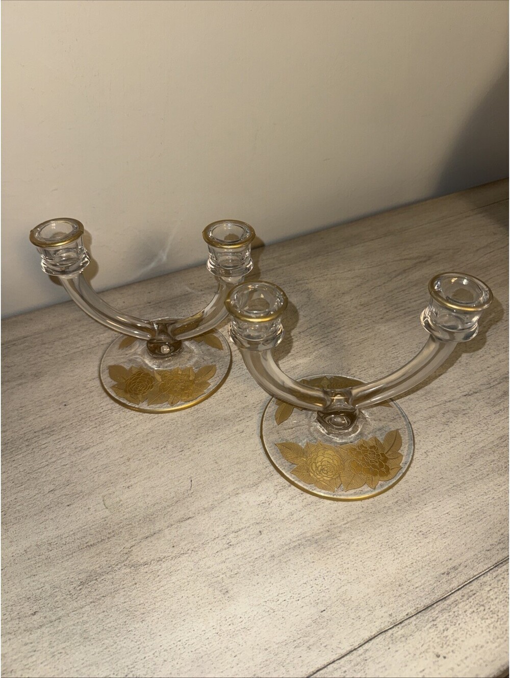Pair Vintage MCM Depression Era Double Arm Candelabra Floral Etched Gold Glass
